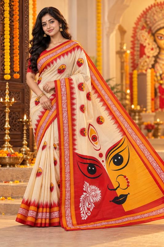 Minu | Puja Special Women Multicolor Printed Saree with Goddess Face Print & Contrast Border