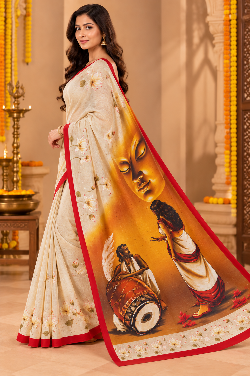 Minu | Puja Special Women Multicolor Floral Printed Saree with Red Border