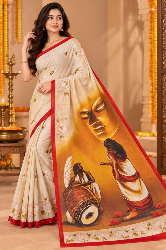 Minu | Puja Special Women Multicolor Floral Printed Saree with Red Border
