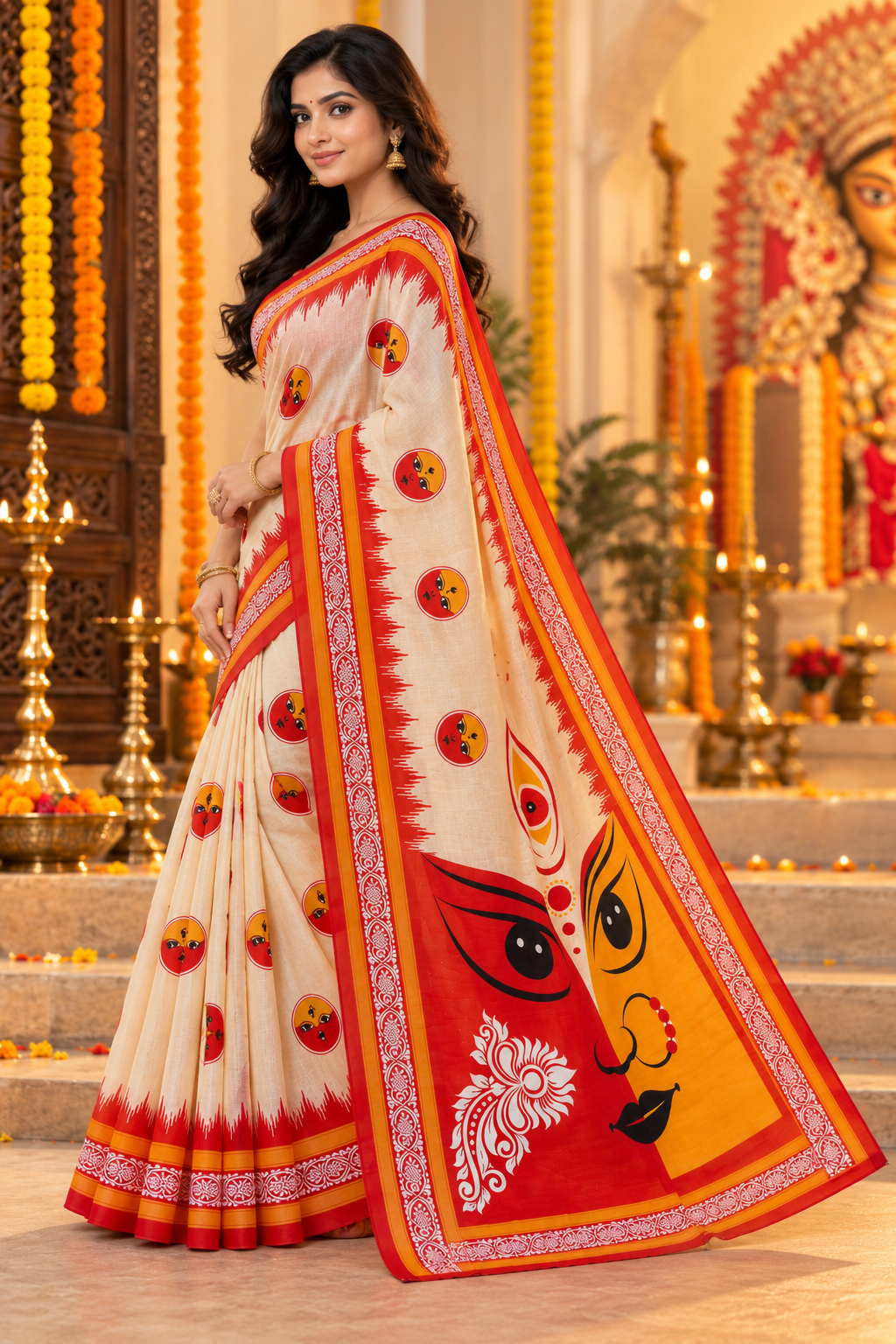 Minu | Puja Special Women Multicolor Printed Saree with Goddess Face Print & Contrast Border