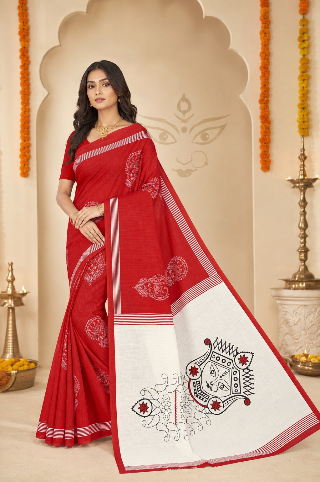 Minu | Women Red & White Durga Puja Special Folk Art Printed Saree