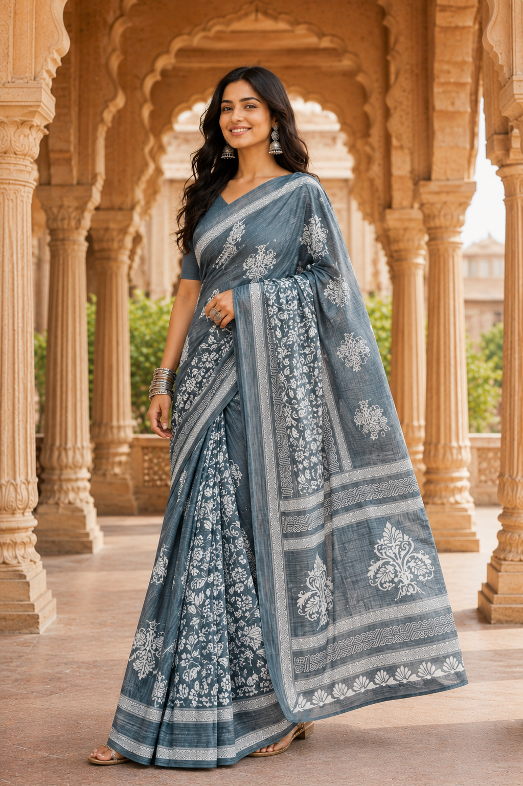 Women’s Pure Cotton Gray Floral Saree