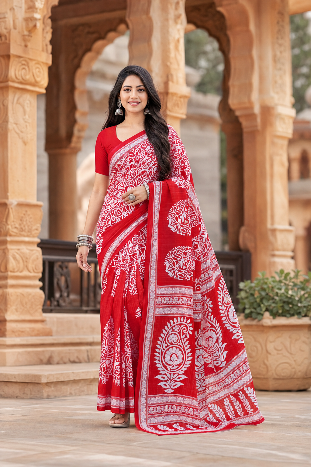 Women’s Pure Cotton Red Paisley Saree