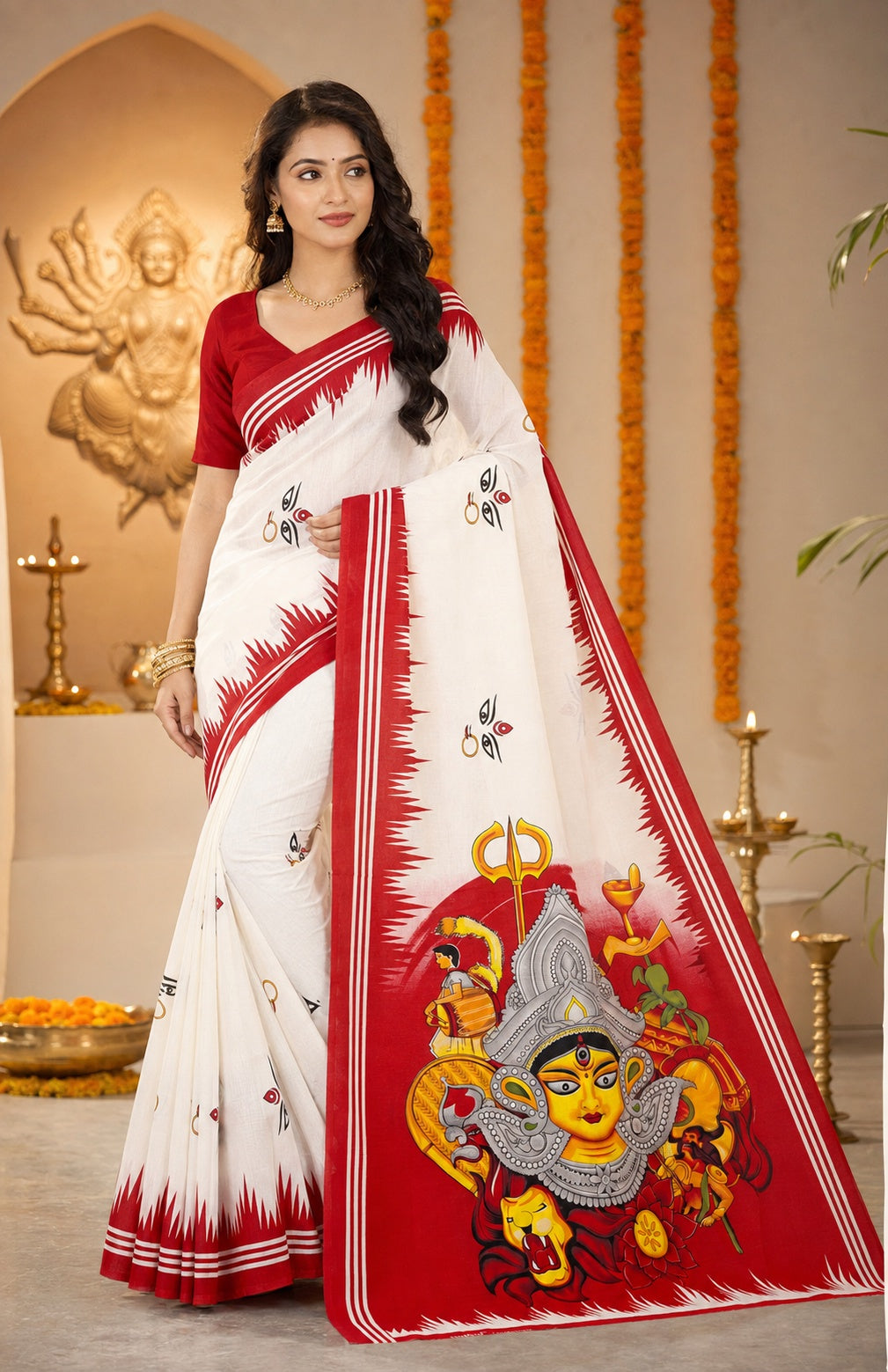 Minu | Women Durga Puja Special White Malai Cotton Folk Art Printed Saree with Red Border