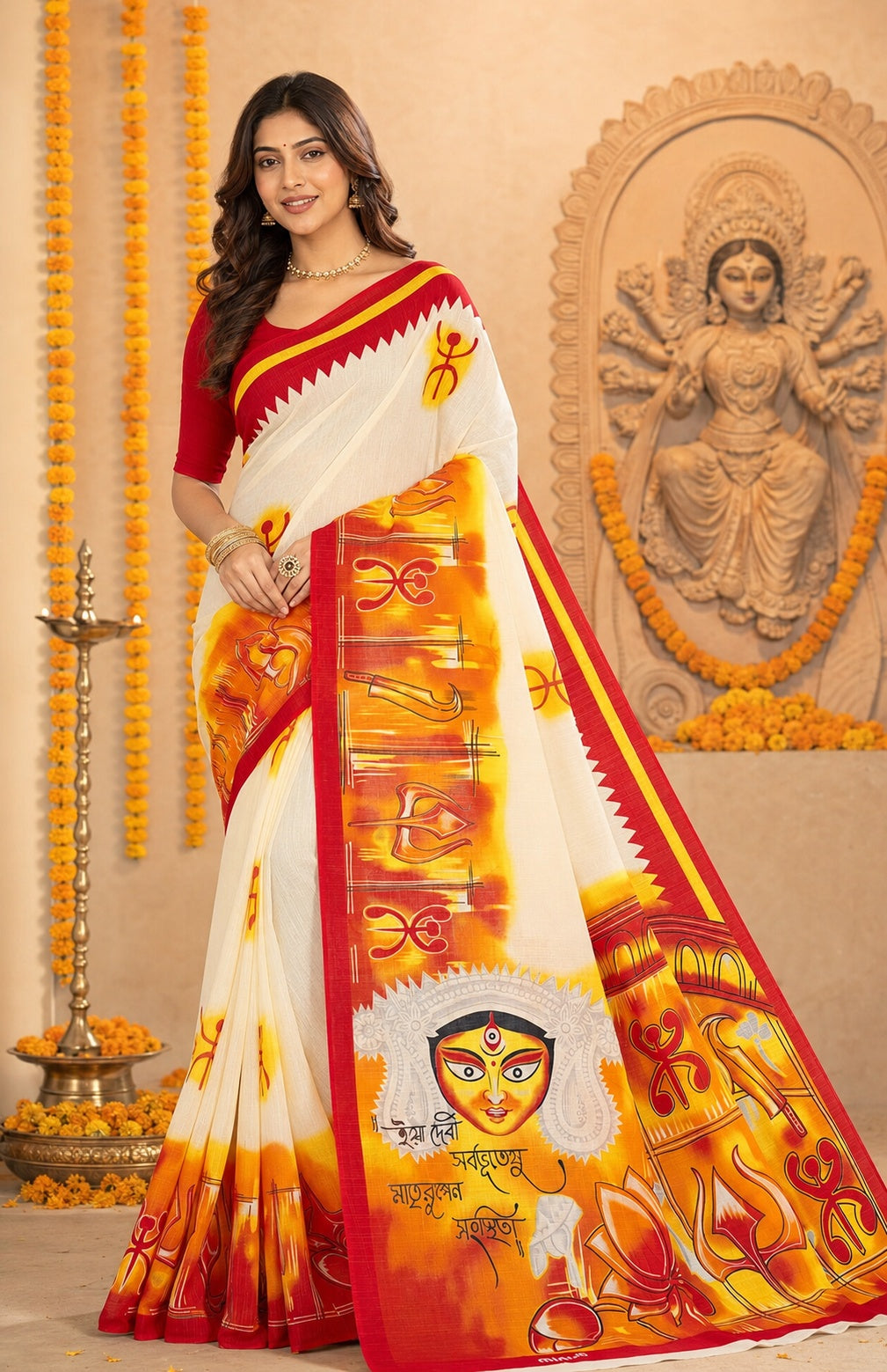 Minu | Women Durga Puja Special White Malai Cotton Folk Art Printed Saree