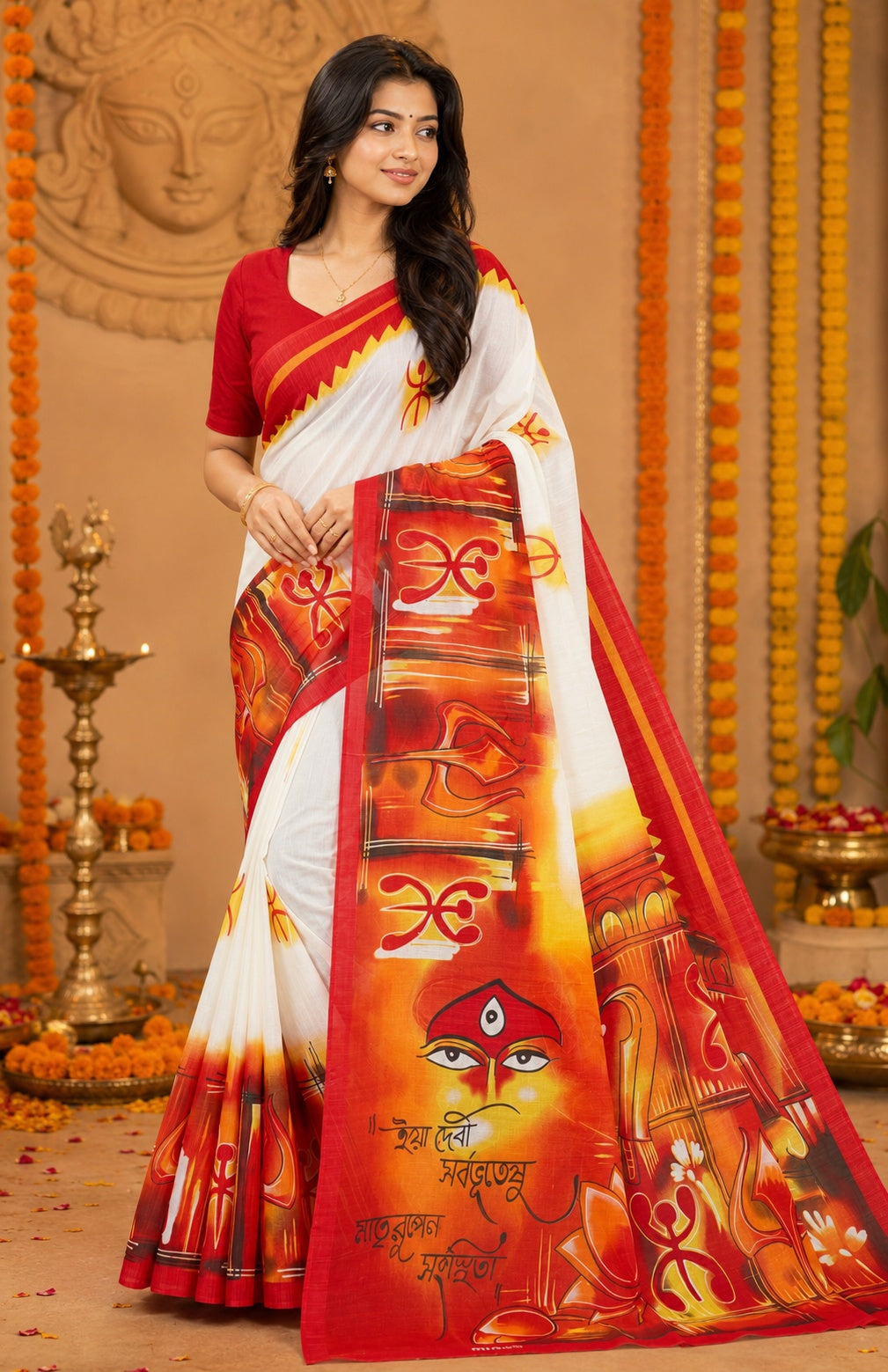 Minu | Women Durga Puja Special Multicolor Malai Cotton Folk Art Printed Saree