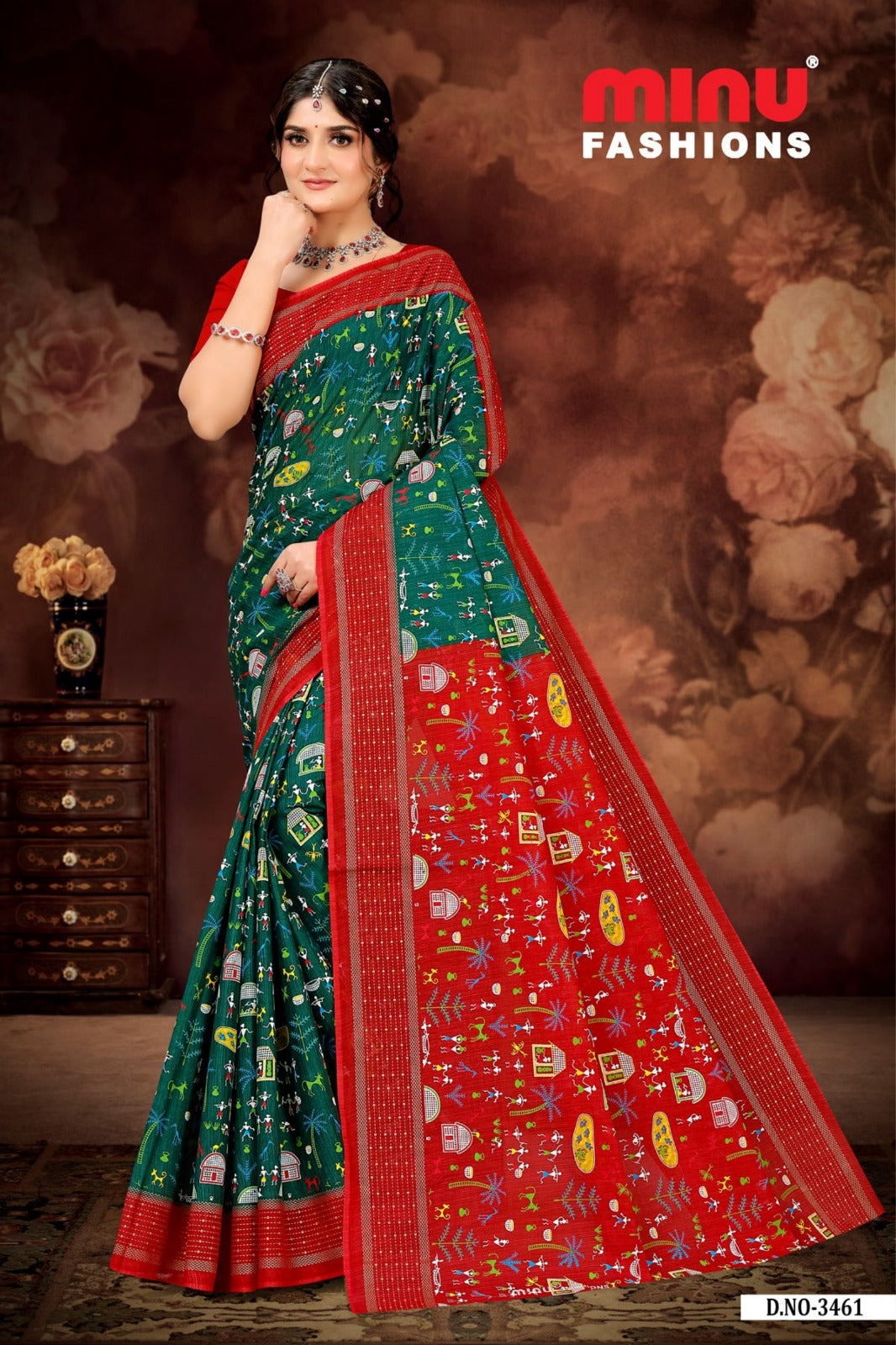 Boutique Special Gold Cotton Printed Green Saree