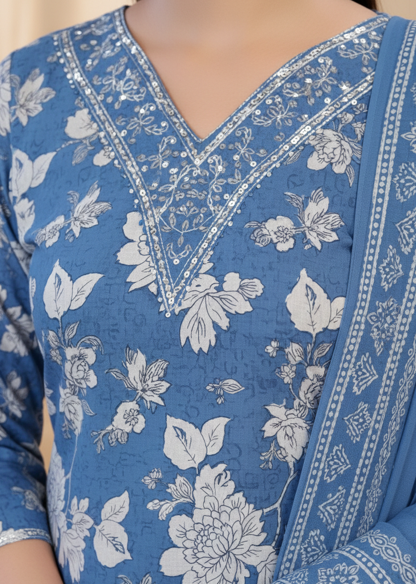 Pariza Cotton Printed Stitched Salwar Suit Blue 1005