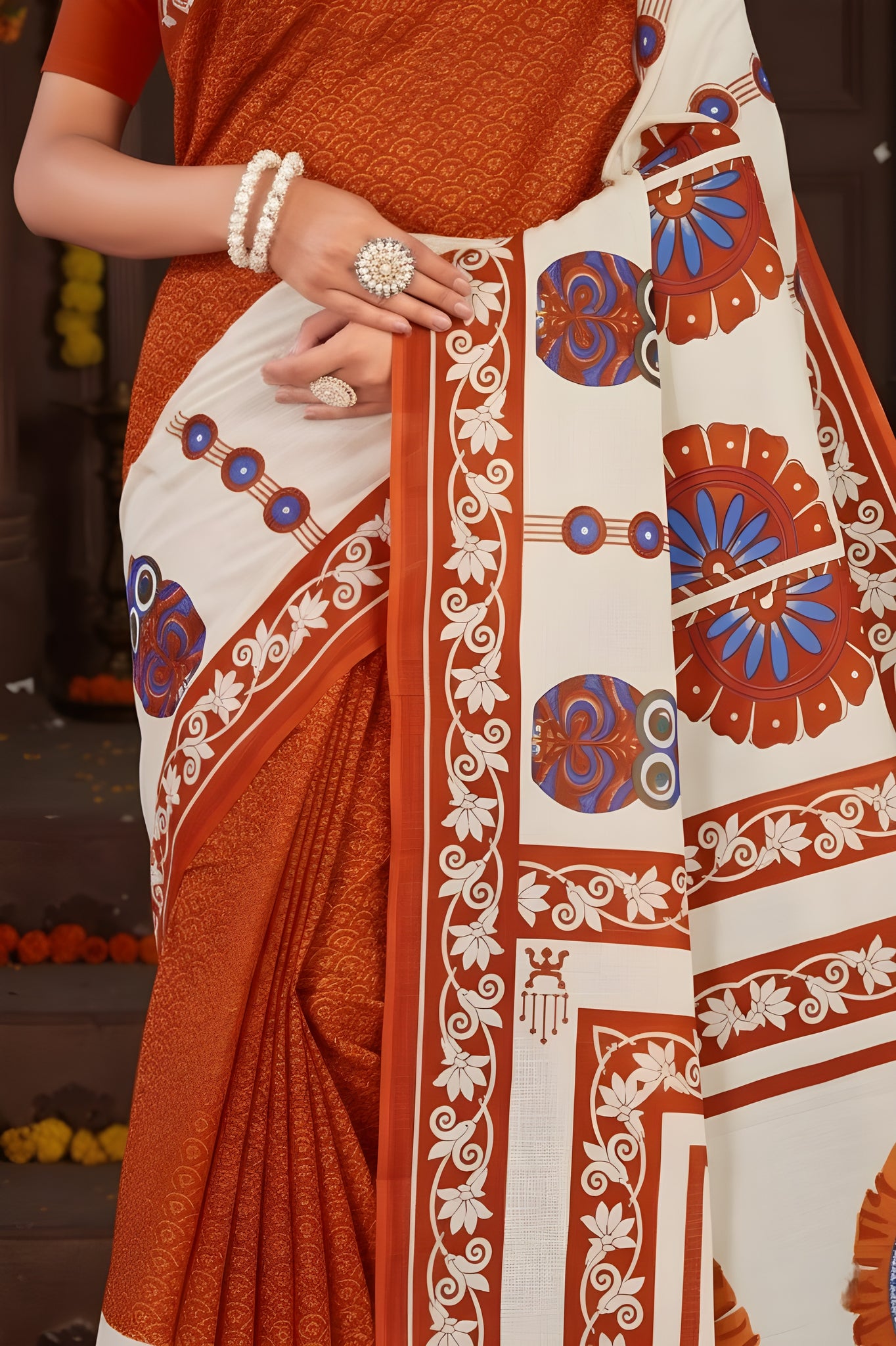 Baishakhi 3 Malai Cotton Printed Saree Orange & Blue 3905