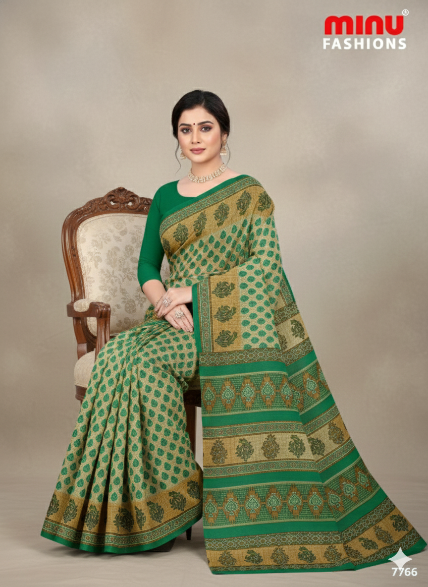 Malaika Cotton Printed Saree Green 7763