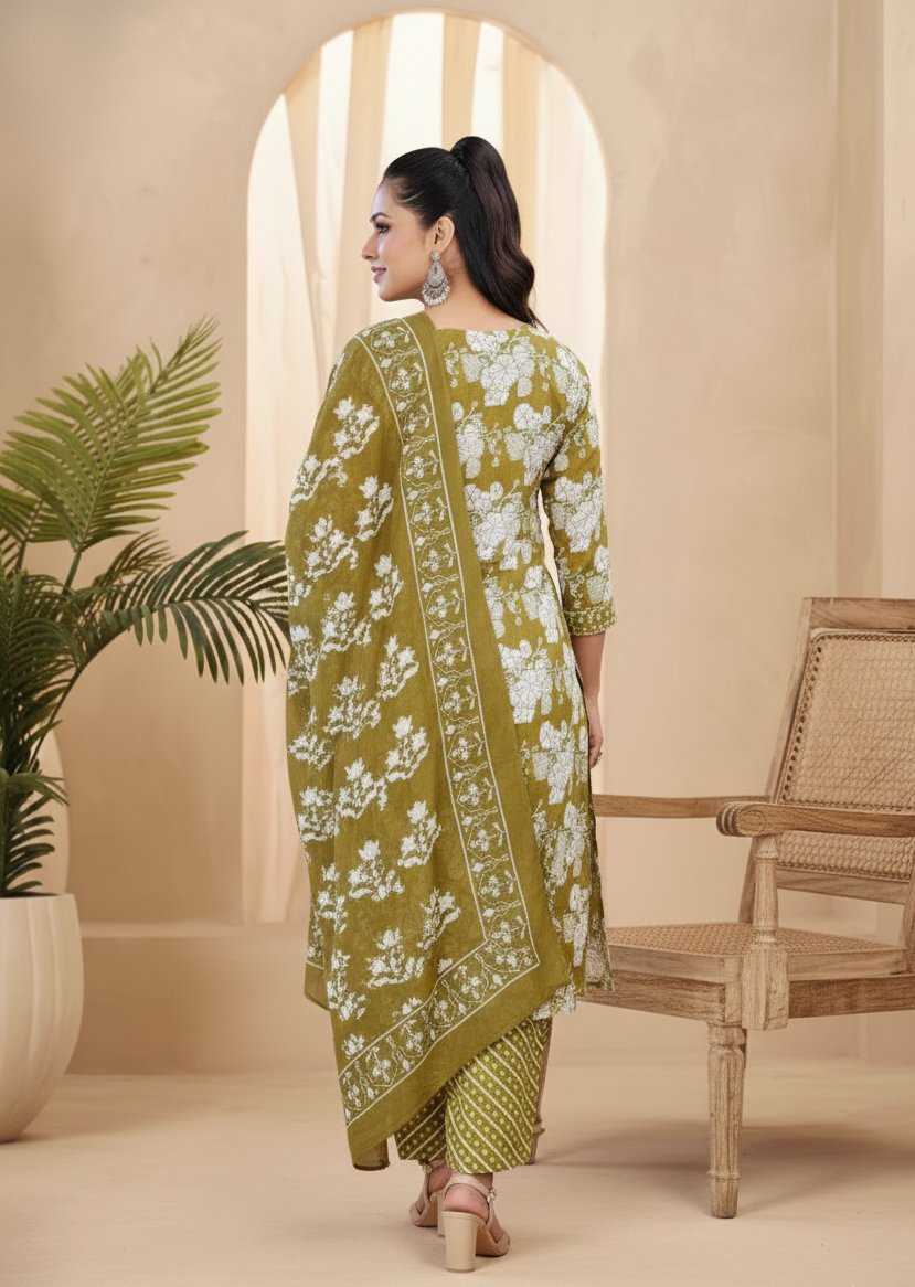 Pariza Cotton Printed Stitched Salwar Suit Mehendi 1008