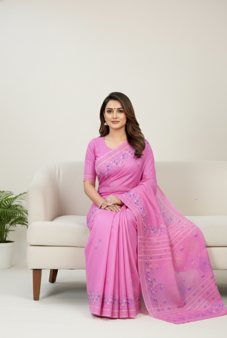 Public Demand Cotton Printed Saree Pink