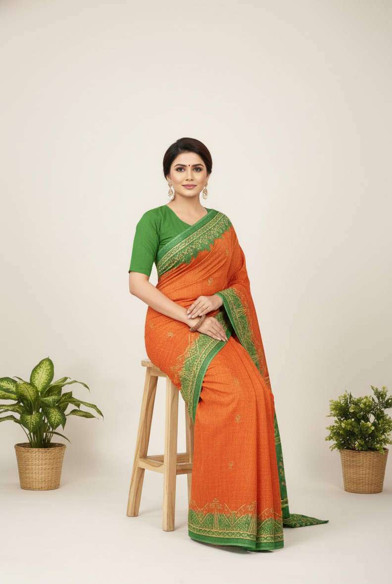 Prativa Batik Cotton Printed Saree Orange
