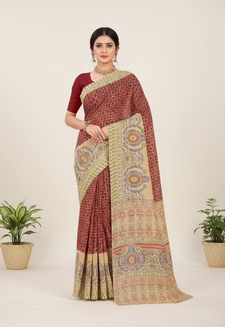 Unicorn Cotton Printed Saree Maroon