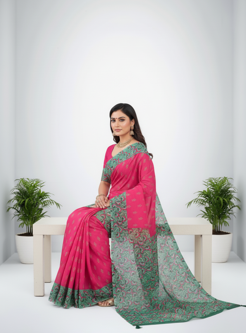 Urvashi Cotton Printed Saree Pink