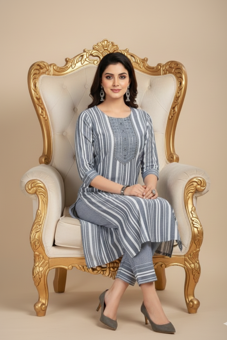 Sparkle Combo Cotton Stripe Kurti Set 1001