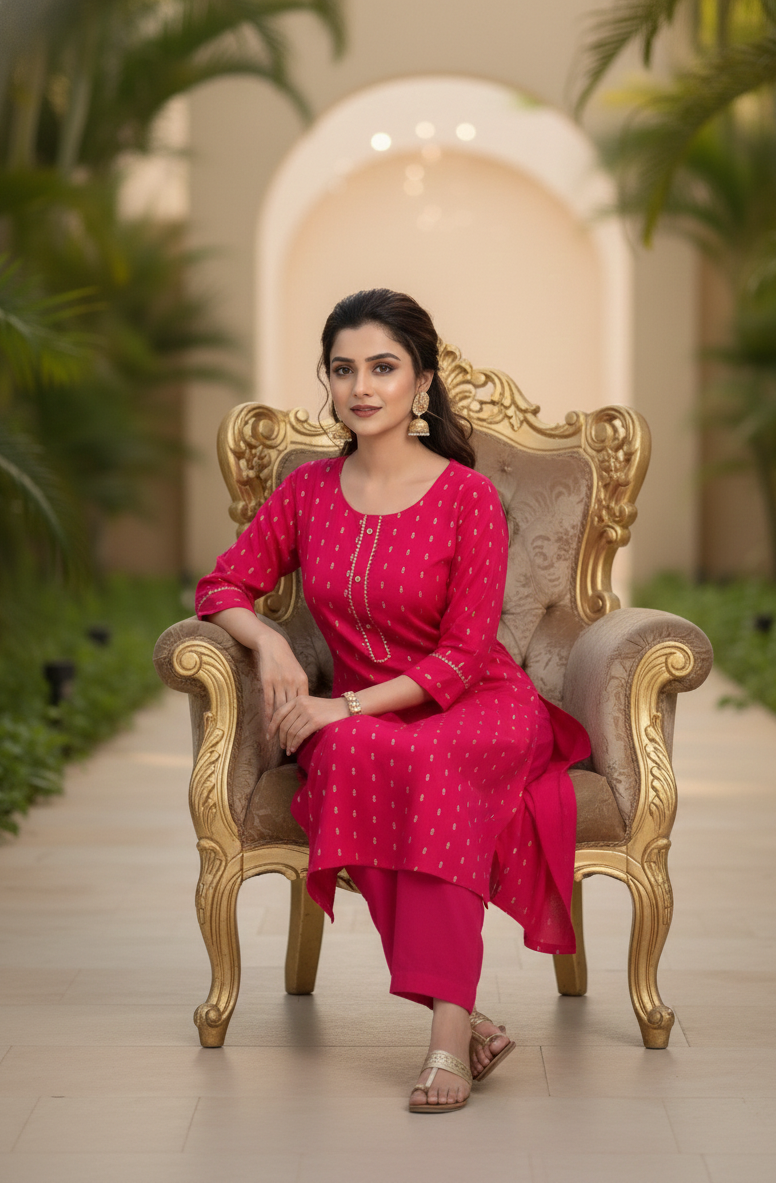 Golden Girl Combo Cotton Kurti Set Pink