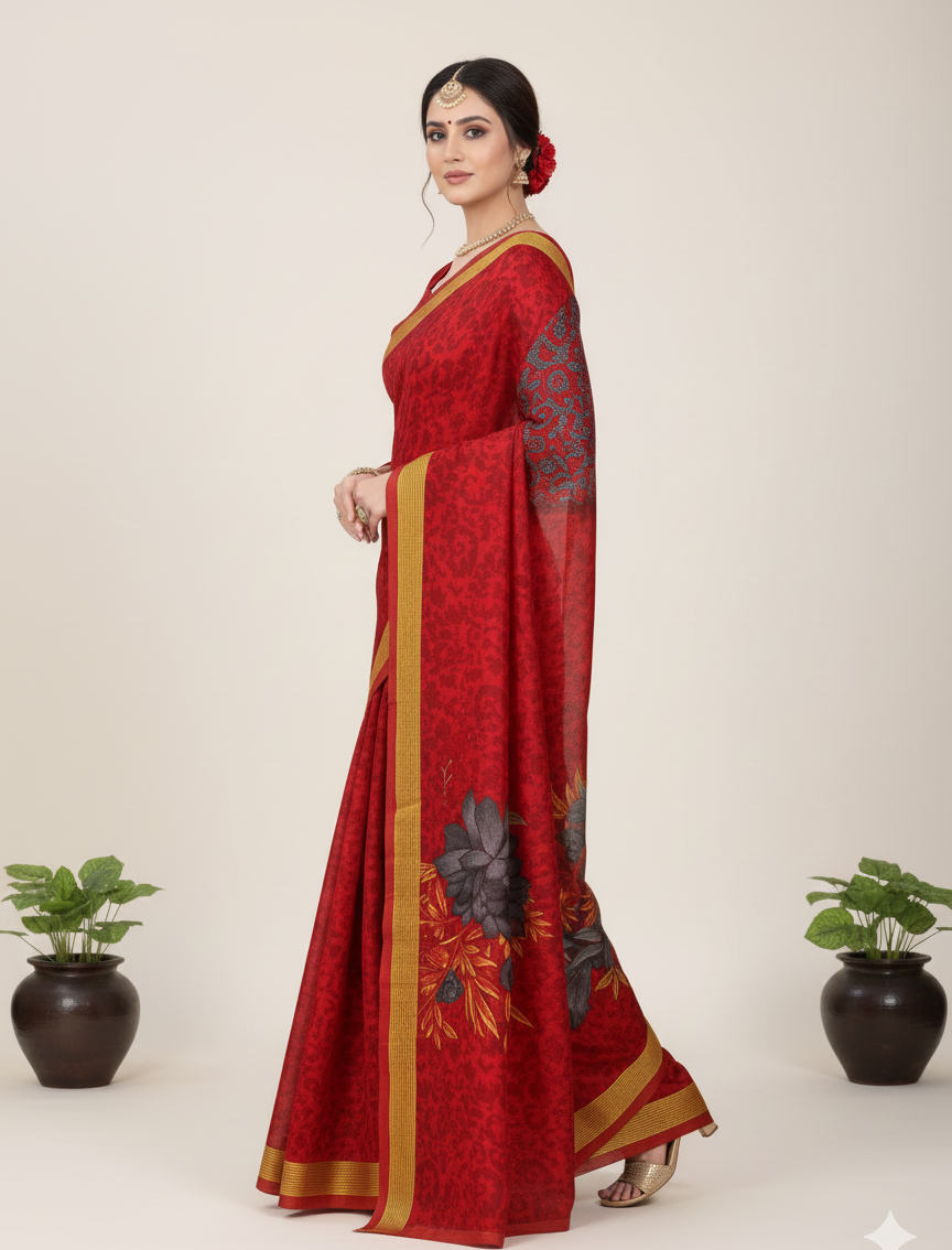 Sonar Bangla 31 Cotton Printed Saree Deep Maroon