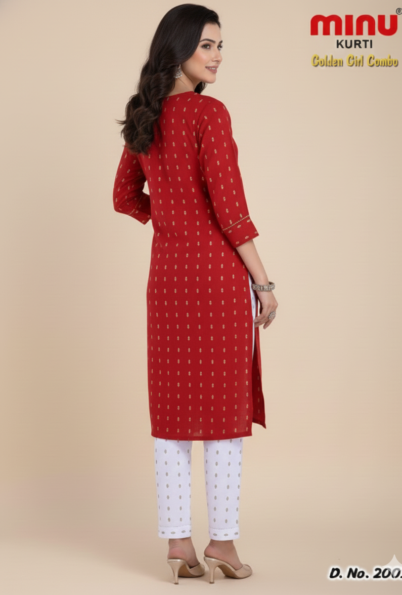 Golden Girl Combo Kurti Cherry Maroon