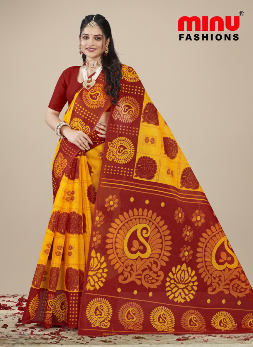 Monika Lemon Red Cotton Printed Saree 4058