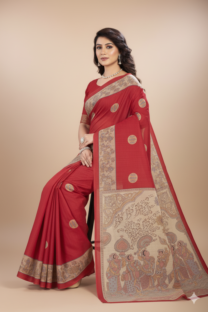 Madhubani Kantha Malai Cotton Printed Saree Red