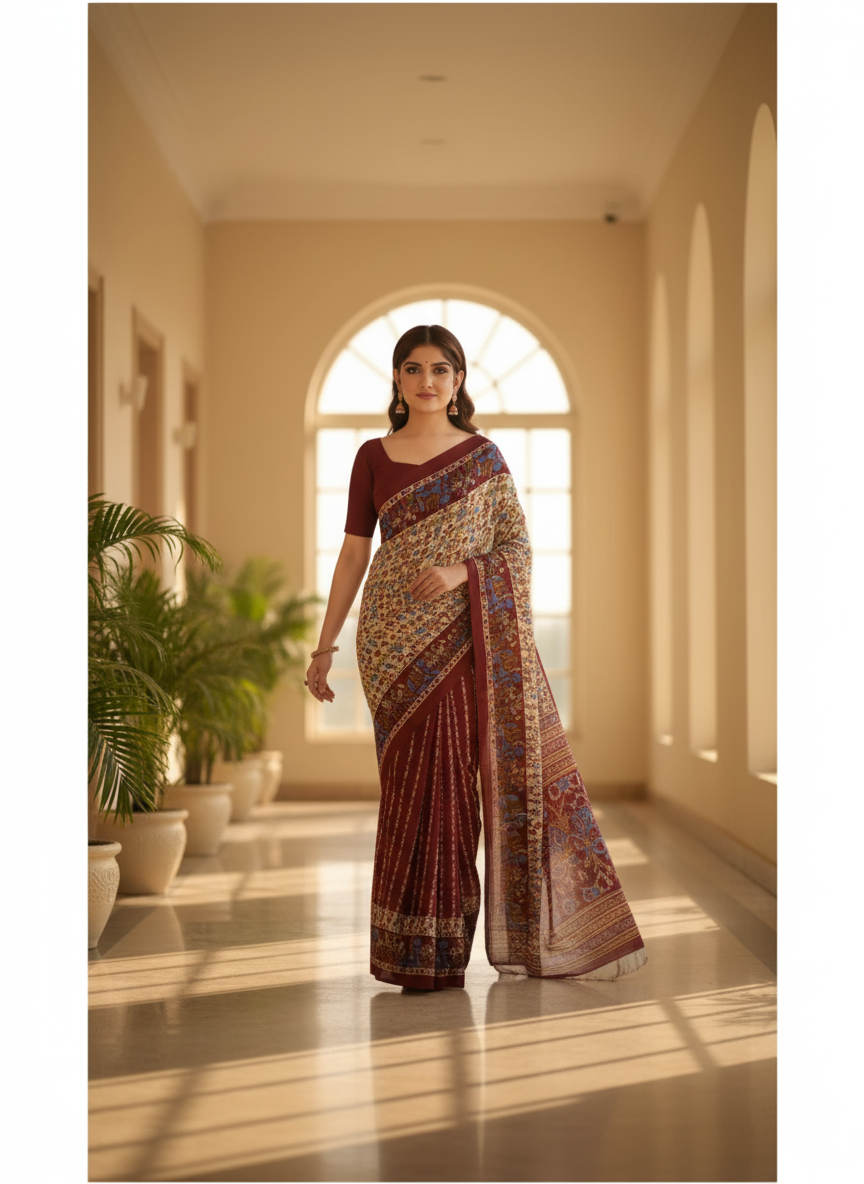 Sonajhuri Cotton Printed Saree Maroon 14820