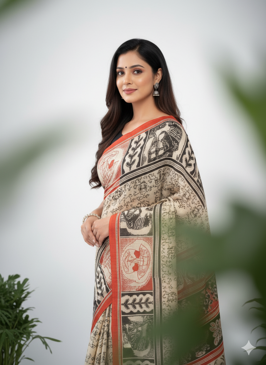 Srimoyee Cotton Printed Saree Off-White