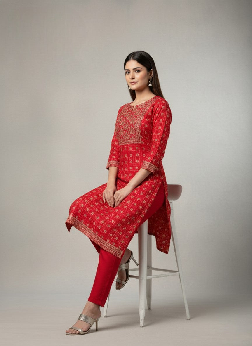 Pratishtha Cotton Printed Kurti Set Red