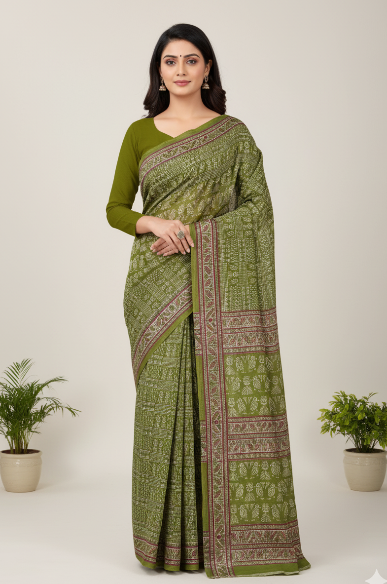 Howrah Haat Cotton Printed Saree Green 2475
