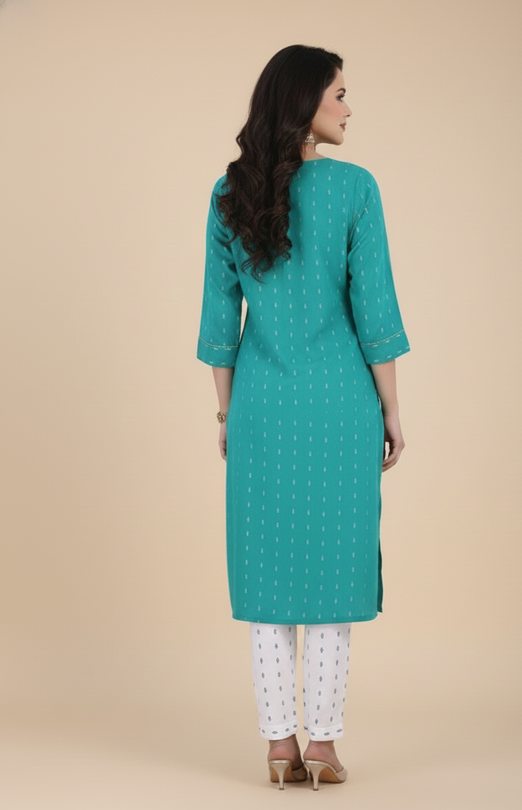 Golden Girl Combo Cotton Kurti Set Sea Green