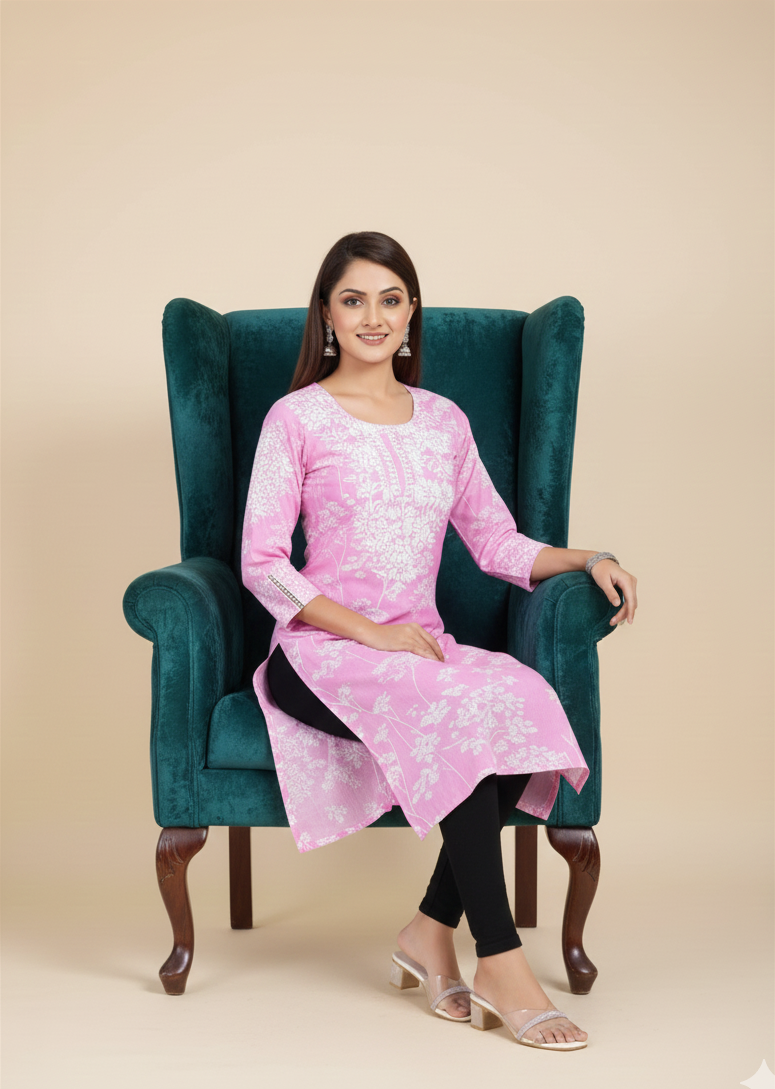 Pooja Cotton Printed Kurti Pink 6001