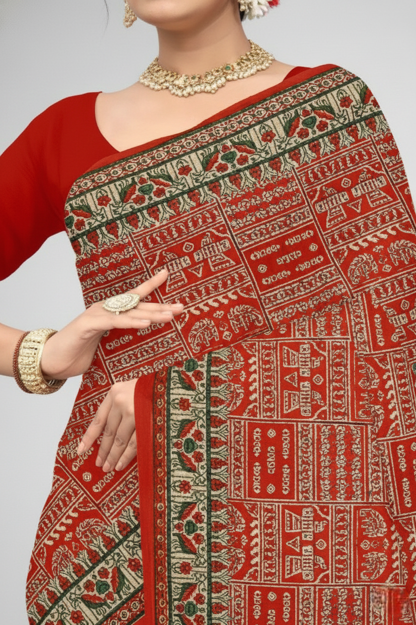 Howrah Haat Cotton Printed Saree Dark Orange 2474