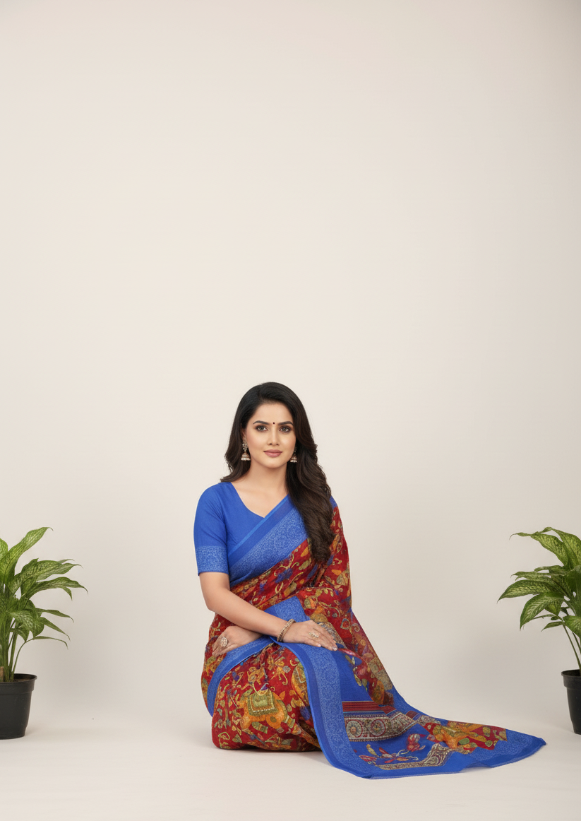 Rangat Cotton Printed Blue Border Saree 14687