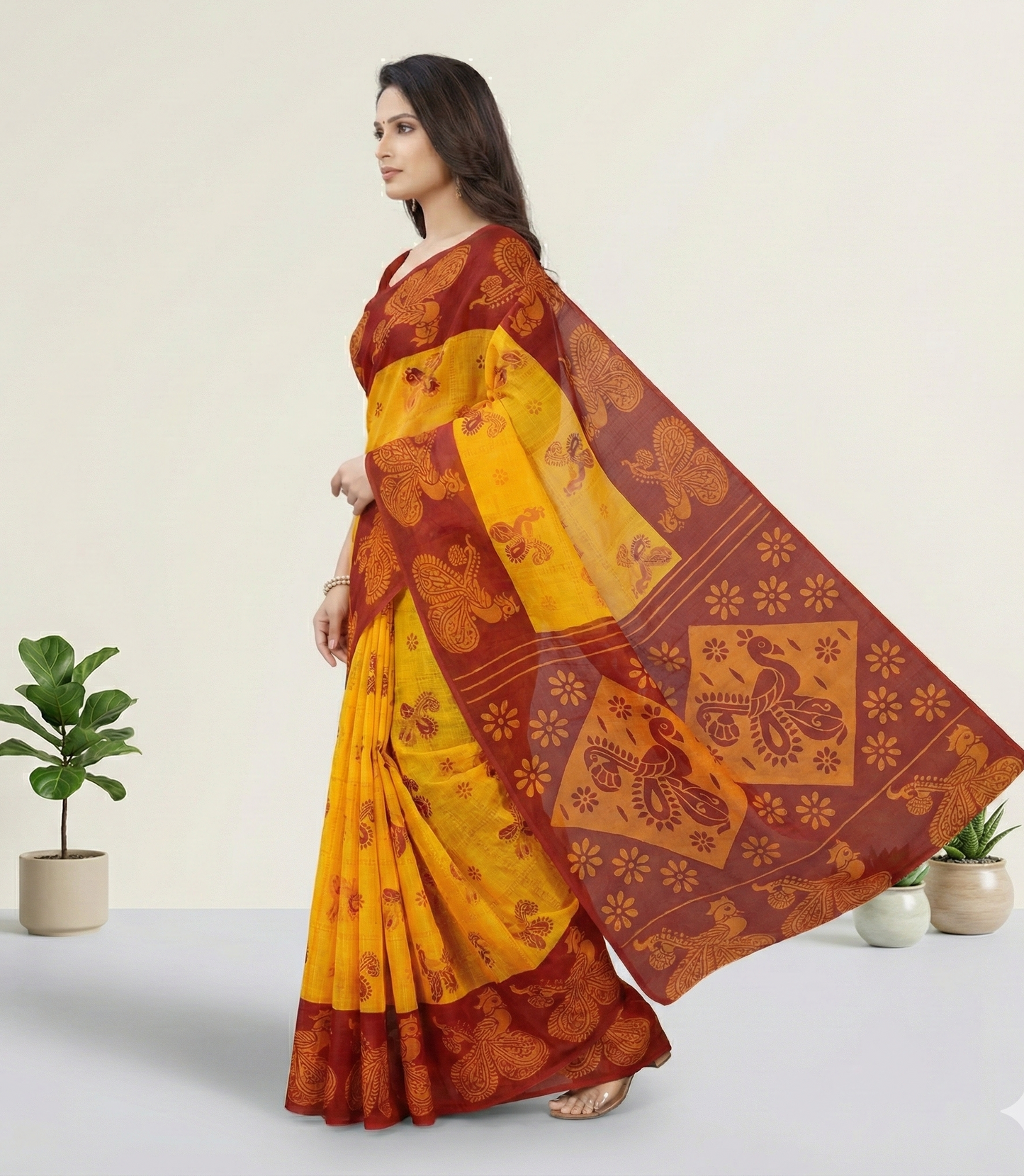 Monica Yellow & Red Traditional Cotton Saree