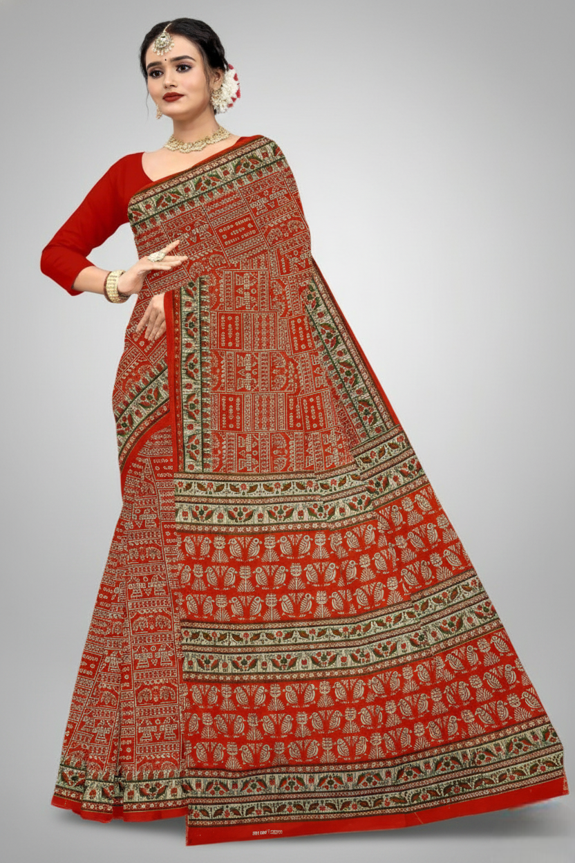 Howrah Haat Cotton Printed Saree Dark Orange 2474