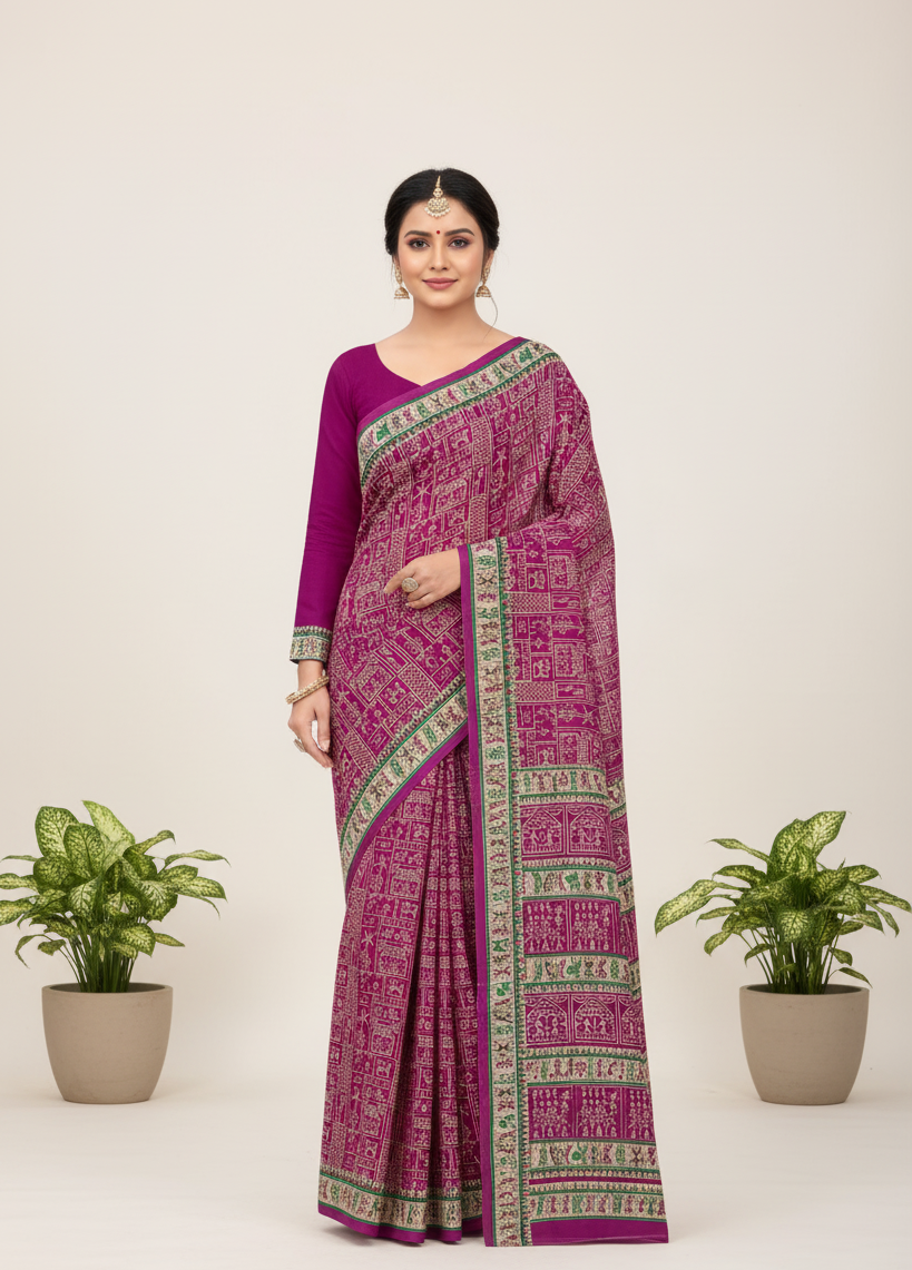 Howrah Haat Cotton Printed Saree Purple 2473