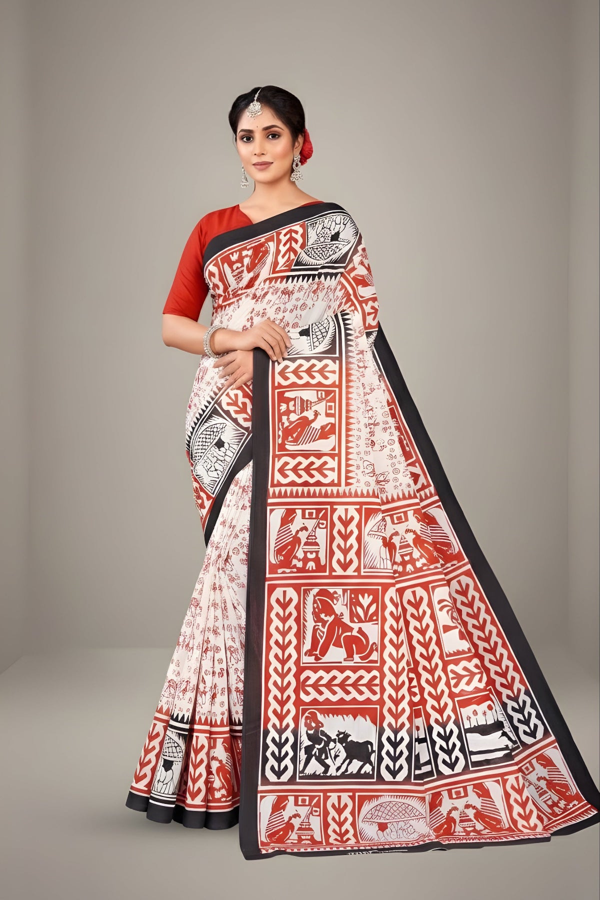 Srimoyee Cotton Printed Saree White