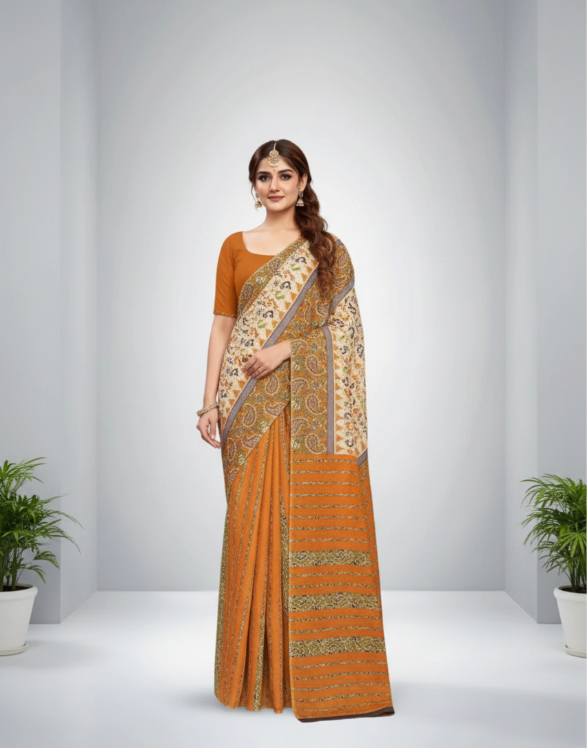 Sonajhuri Cotton Printed Saree Mustard 14818