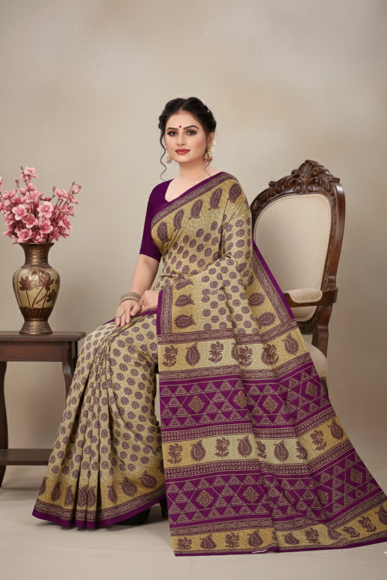 Malaika Cotton Printed Saree Purple 7766