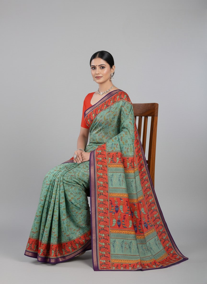 Kanishka Script Muslin Cotton Printed Saree Green & Orange