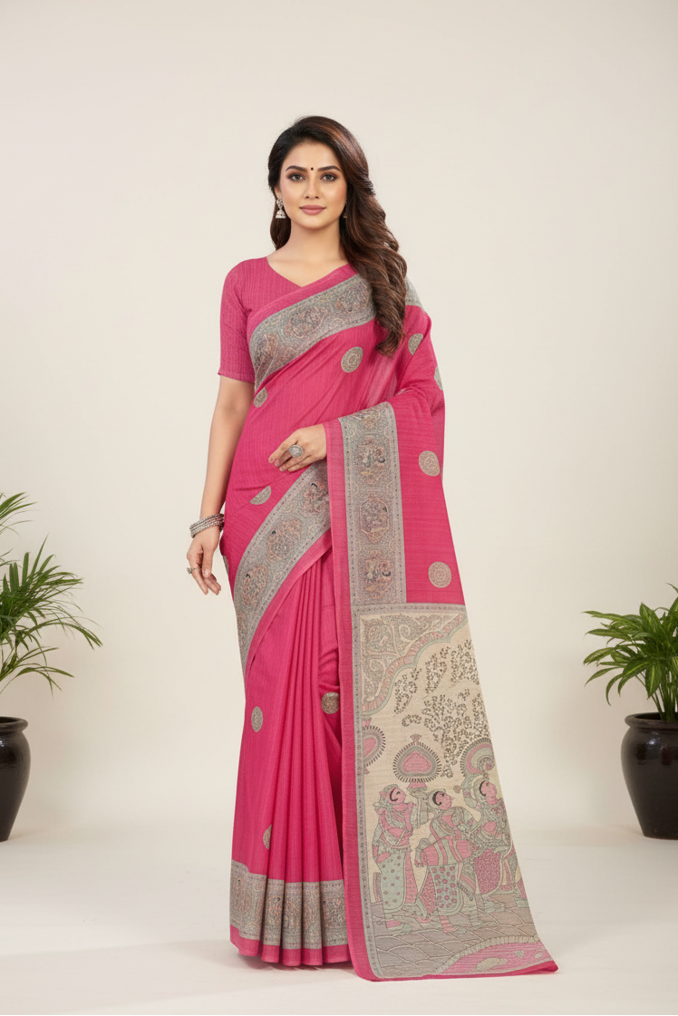Madhubani Kantha Malai Cotton Printed Saree Pink