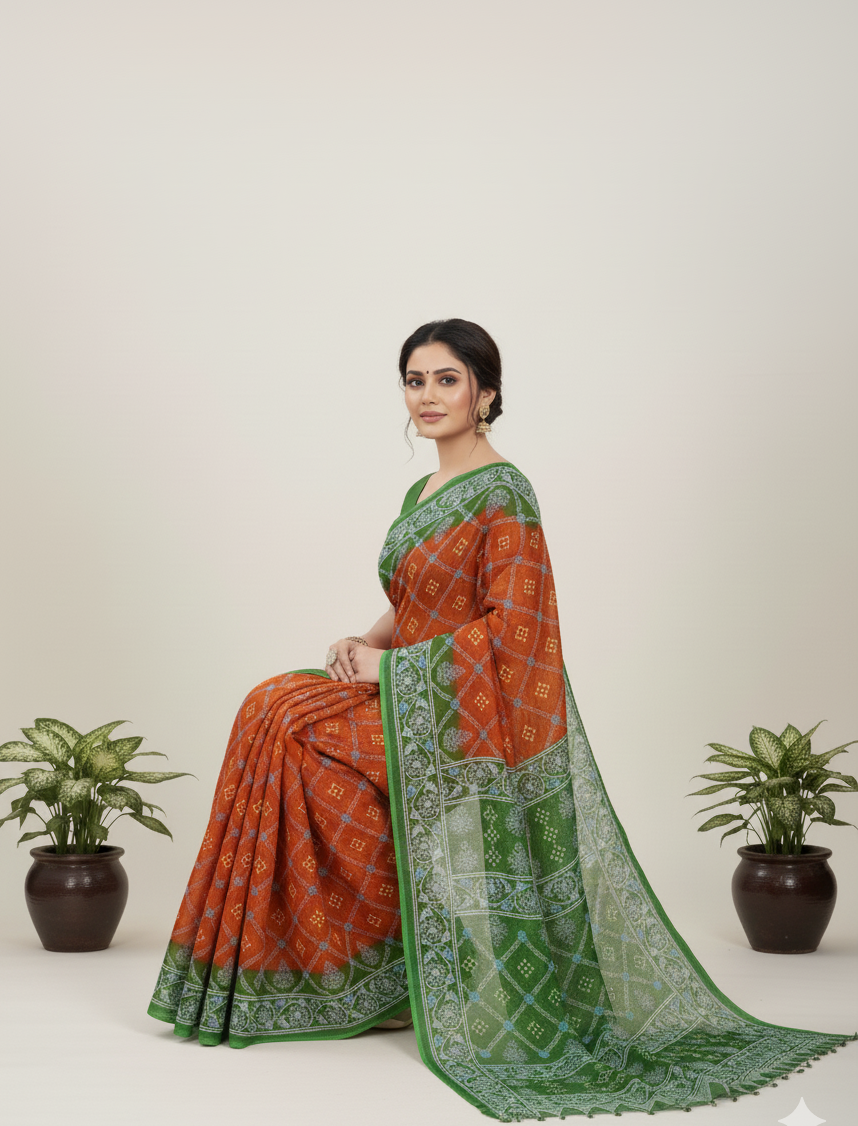 Ulta Chasma Cotton Printed Saree Orange-Green