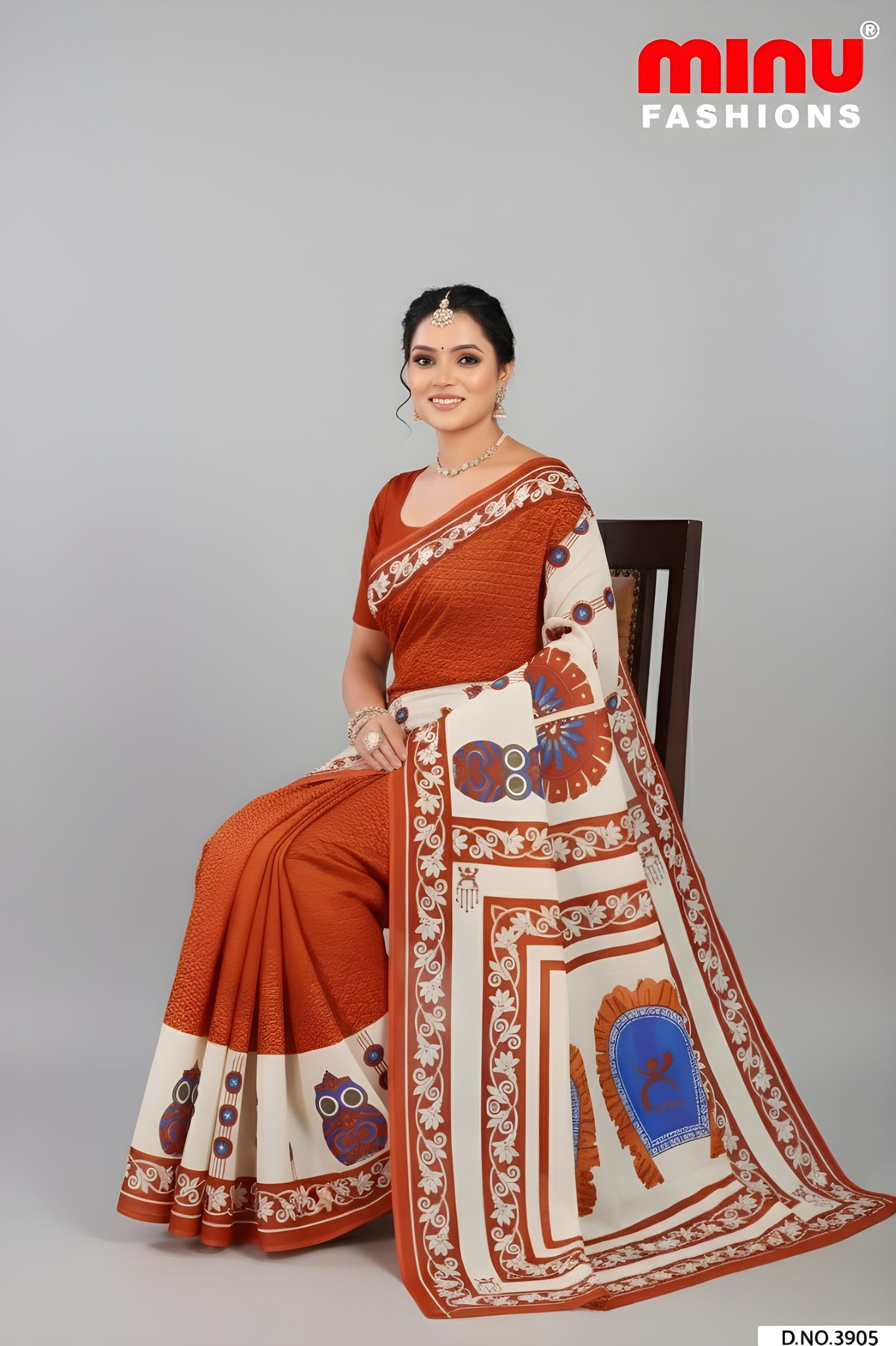Baishakhi 3 Malai Cotton Printed Saree Orange & Blue 3905