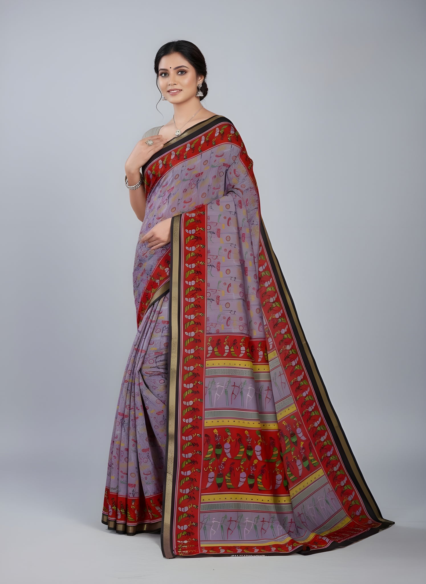 Kanishka Script Muslin Cotton Printed Saree Purple & Red