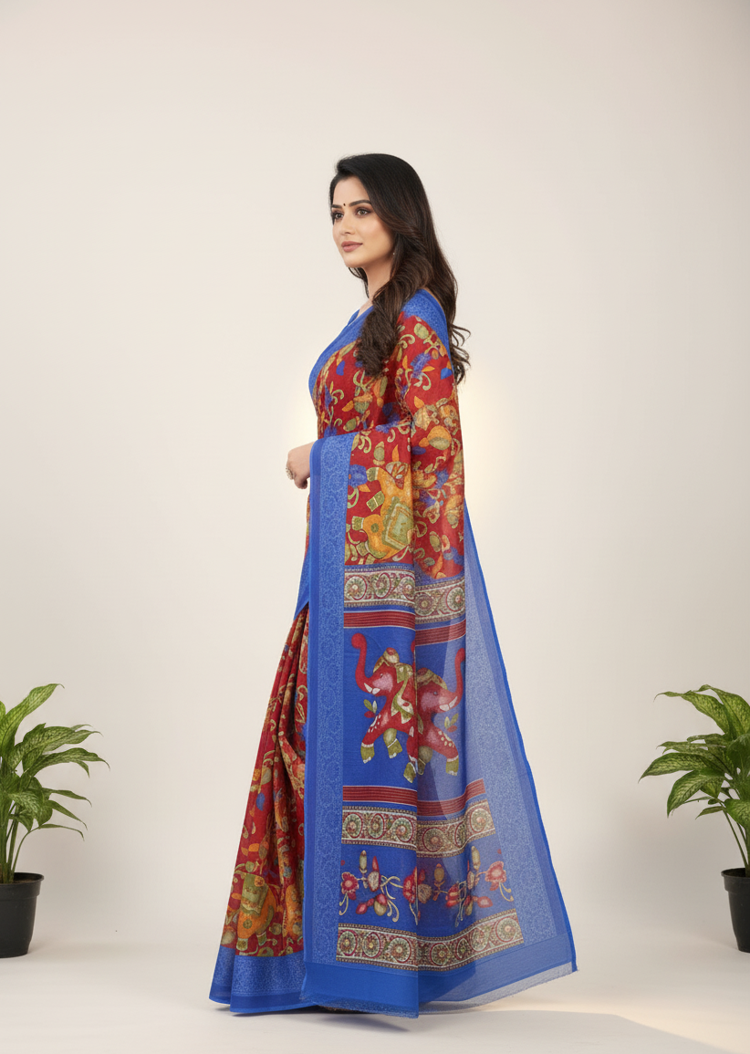 Rangat Cotton Printed Blue Border Saree 14687