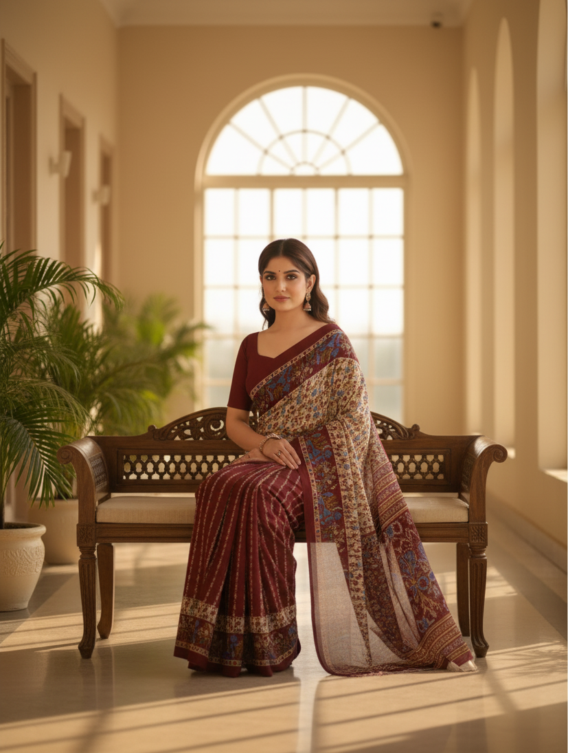 Sonajhuri Cotton Printed Saree Maroon 14820