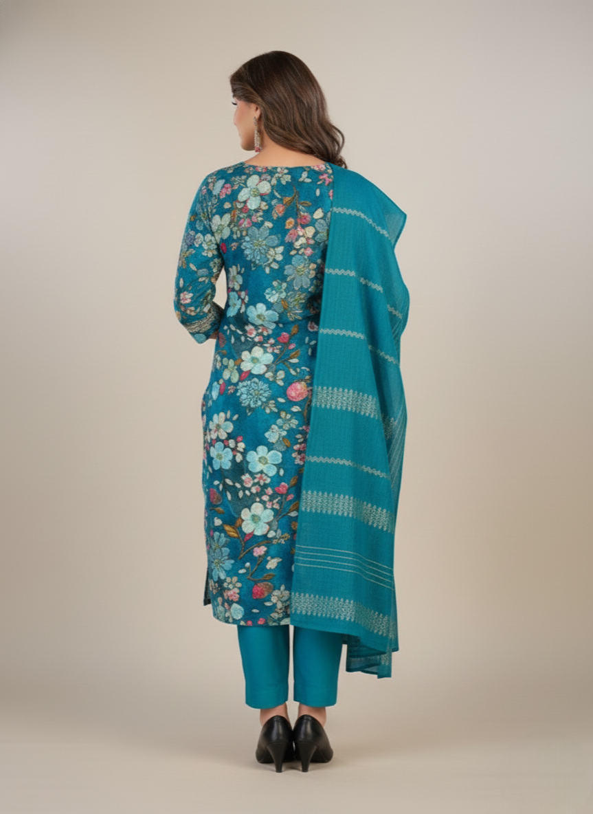 Shloka Chanderi Printed Stitched Salwar Suit 44" Teal Green
