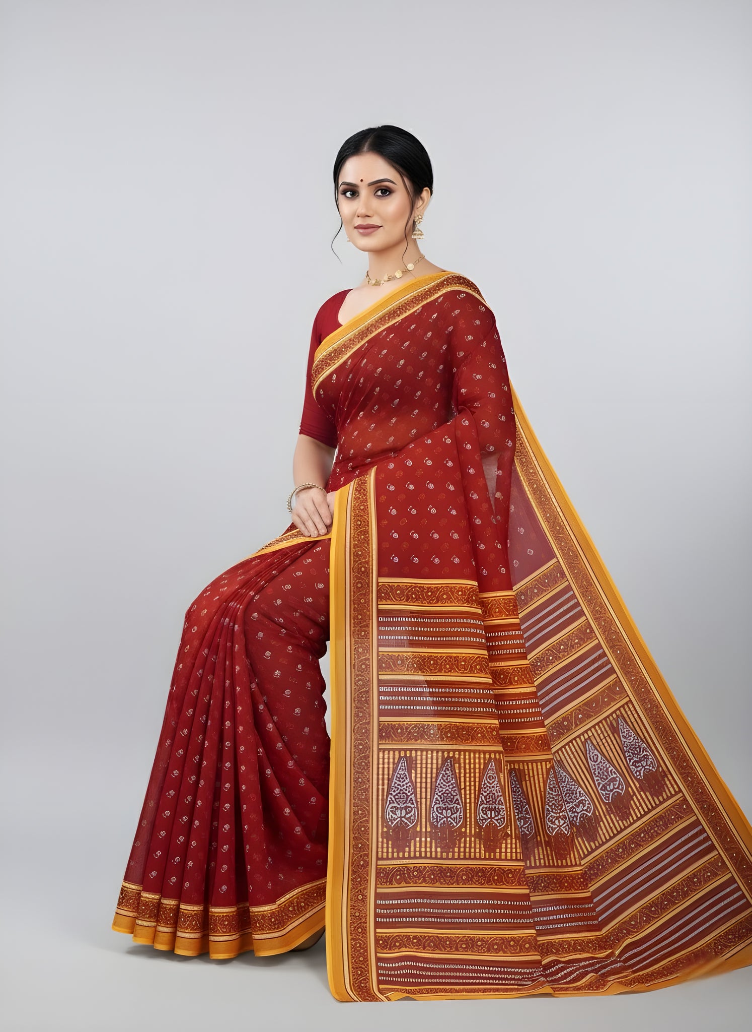 Monika V-1 Cotton Printed Saree Maroon 4073
