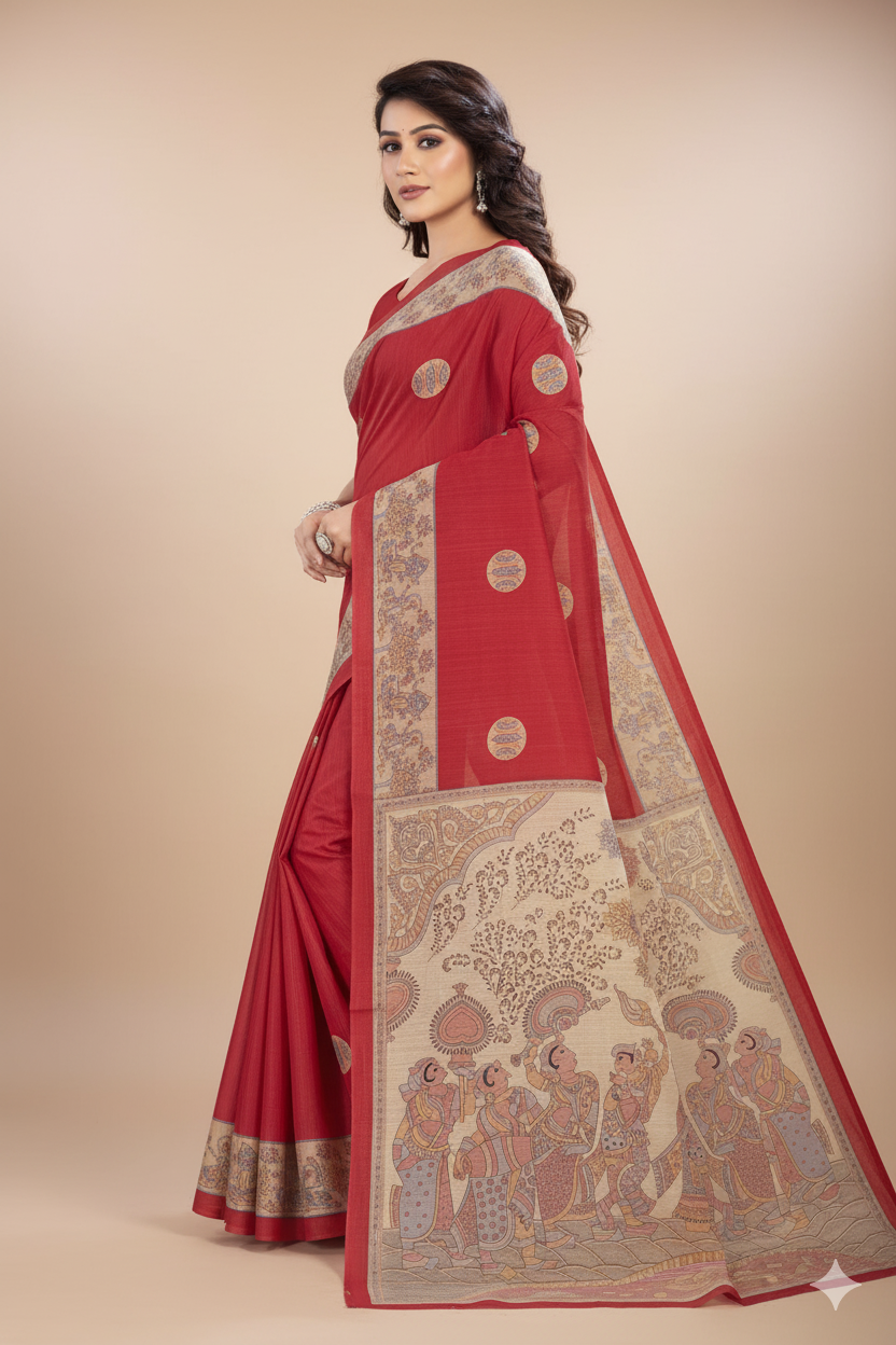 Madhubani Kantha Malai Cotton Printed Saree Red