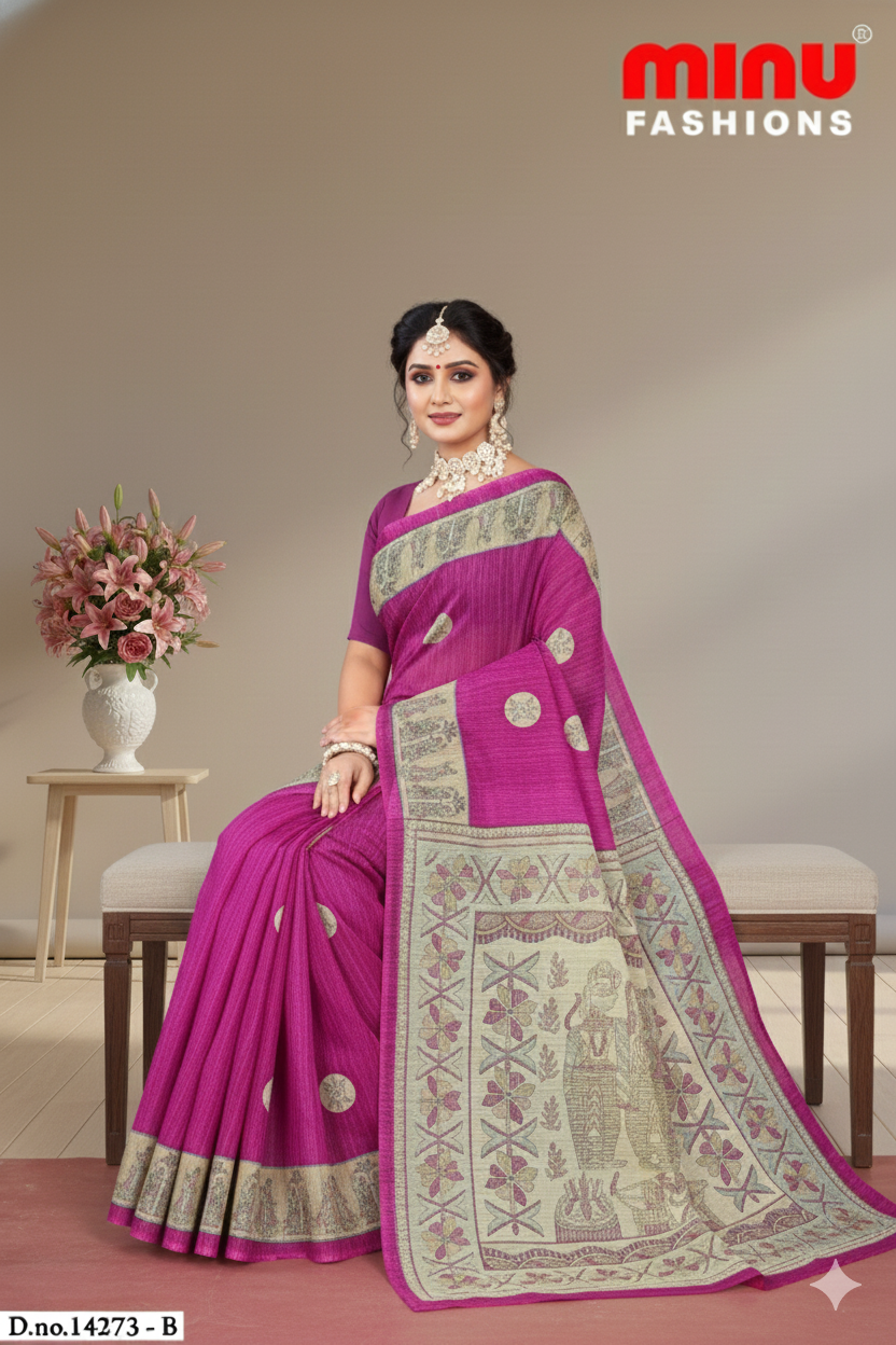 Madhubani Kantha Malai Cotton Printed Saree Purple